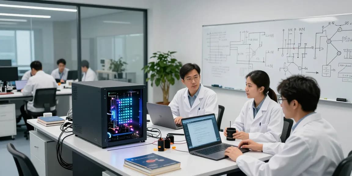 Innovative quantum computing lab scene with researchers discussing algorithms and advanced quantum computers.