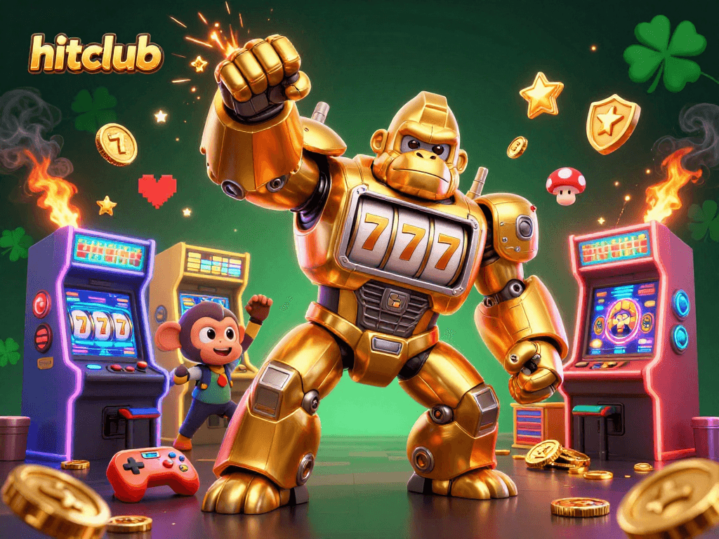 Hitclub's dynamic 3D illustration showcases a golden gorilla mech, slot machines, and gaming action.