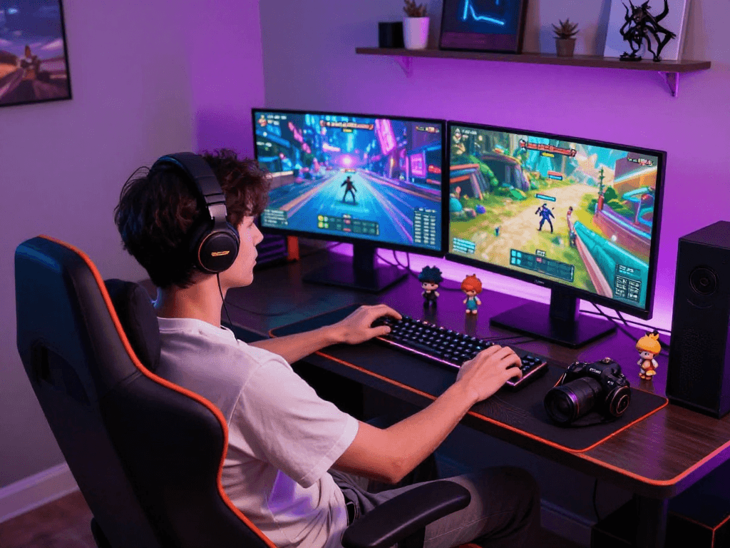 Gamer playing an immersive porn game on dual monitors with vibrant graphics in a cozy gaming setup.