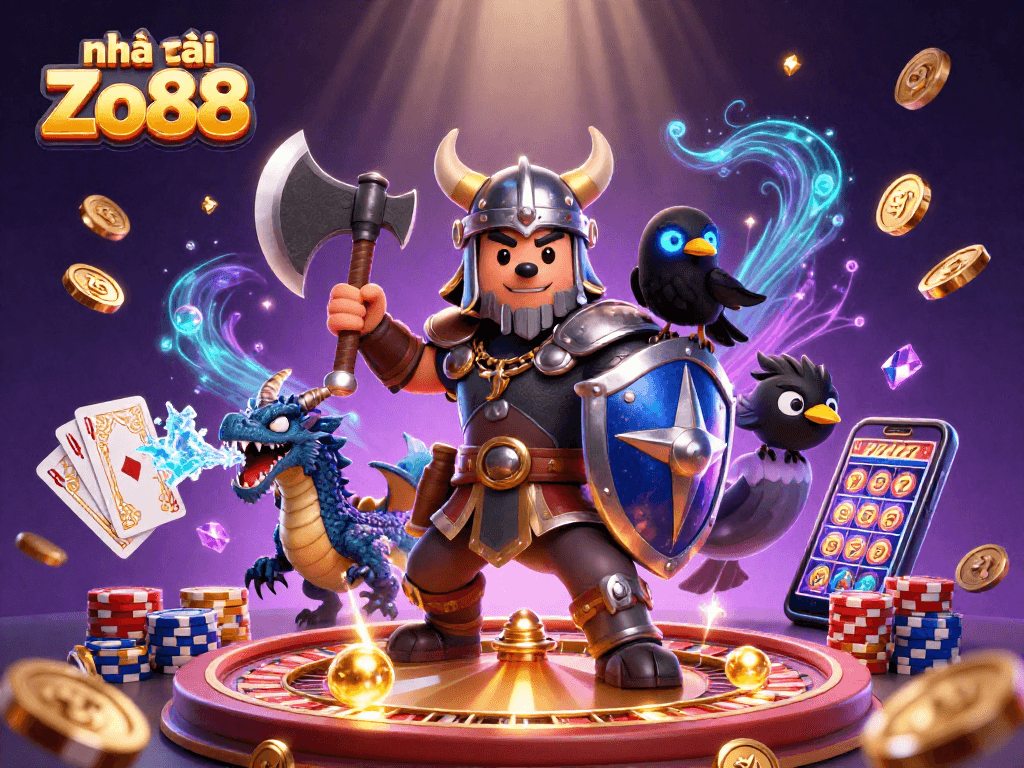 Engage with nhà cái Zo88 through thrilling 3D illustration showcasing exciting gaming adventures.