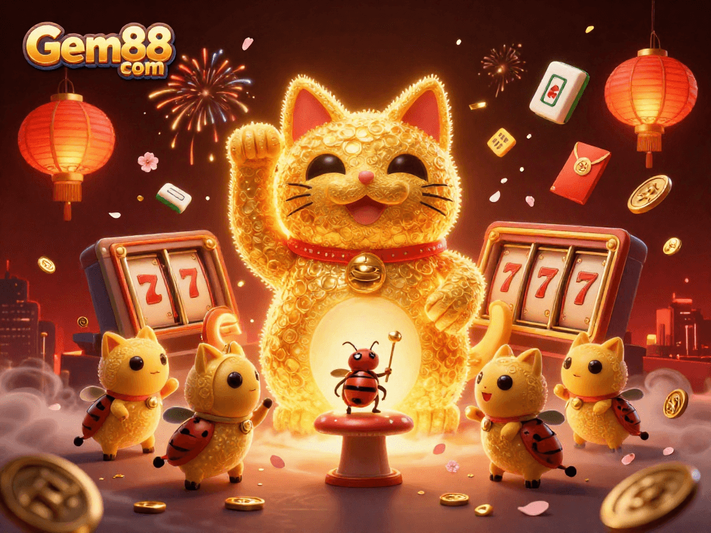 Engage with Gem88 com through an exciting 3D illustration of casino-themed elements and a lucky cat, symbolizing fortune.