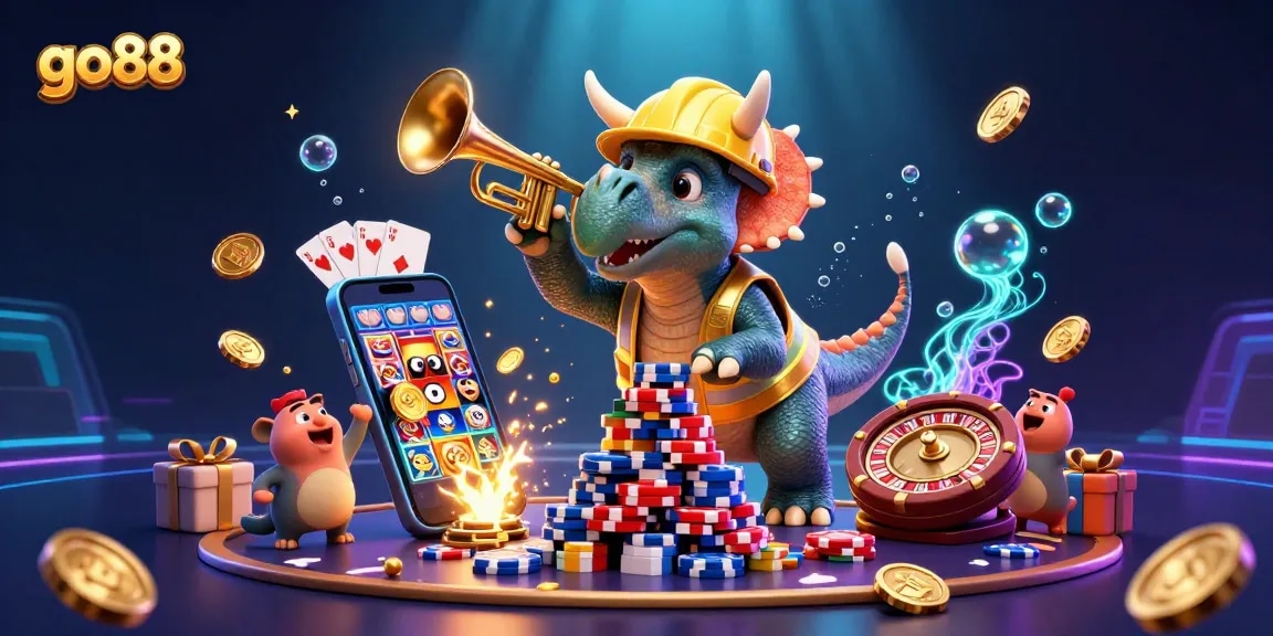 go88 celebrates with triceratops building a poker chip pyramid, vibrant casino atmosphere