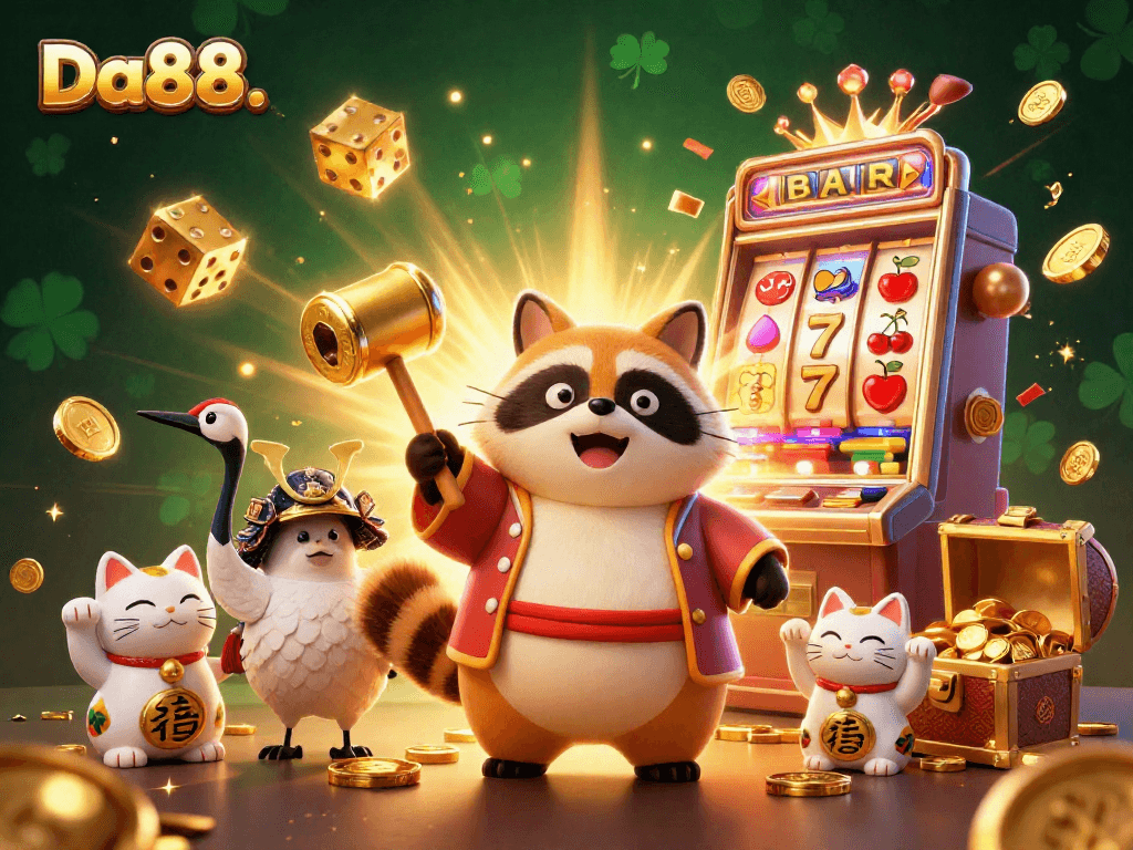 Experience thrilling wins at Da88. with a vibrant 3D illustration of casino elements and lucky symbols.