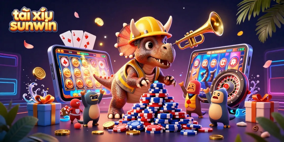 Experience the excitement of tài xỉu sunwin with a lively triceratops and parasaurolophus celebrating in a rich casino scene.