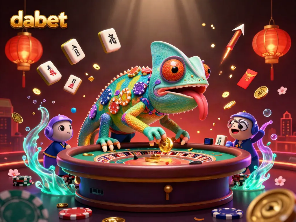 Engage in thrilling games at dabet with a colorful chameleon casino owner and festive decorations.