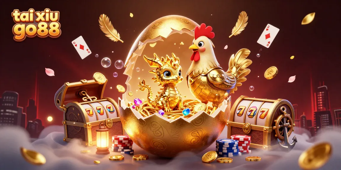 Engage in tai xiu go88 gameplay with golden dragon, poker chips, and slot machine symbols.
