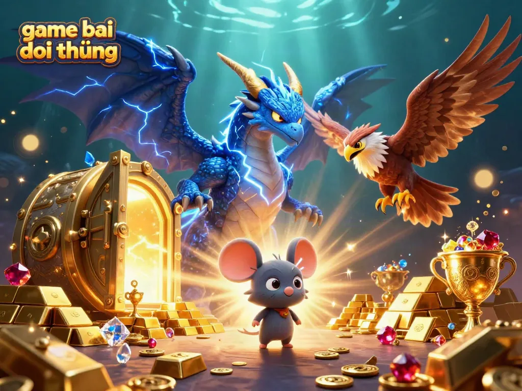 Engage in game bai doi thuong with a vibrant 3D scene featuring a thunder dragon, wind hawk, and treasure elements.