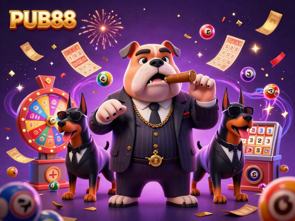 PUB88 excitement with a mafia bulldog leader and dynamic gaming elements in a vibrant casino scene.