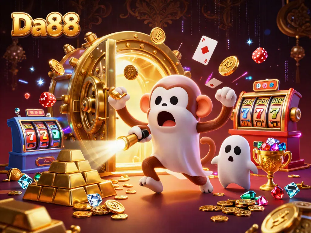 Experience Da88's thrilling gaming atmosphere with a playful poltergeist monkey and ghost-hunter puppy in a vibrant casino scene.