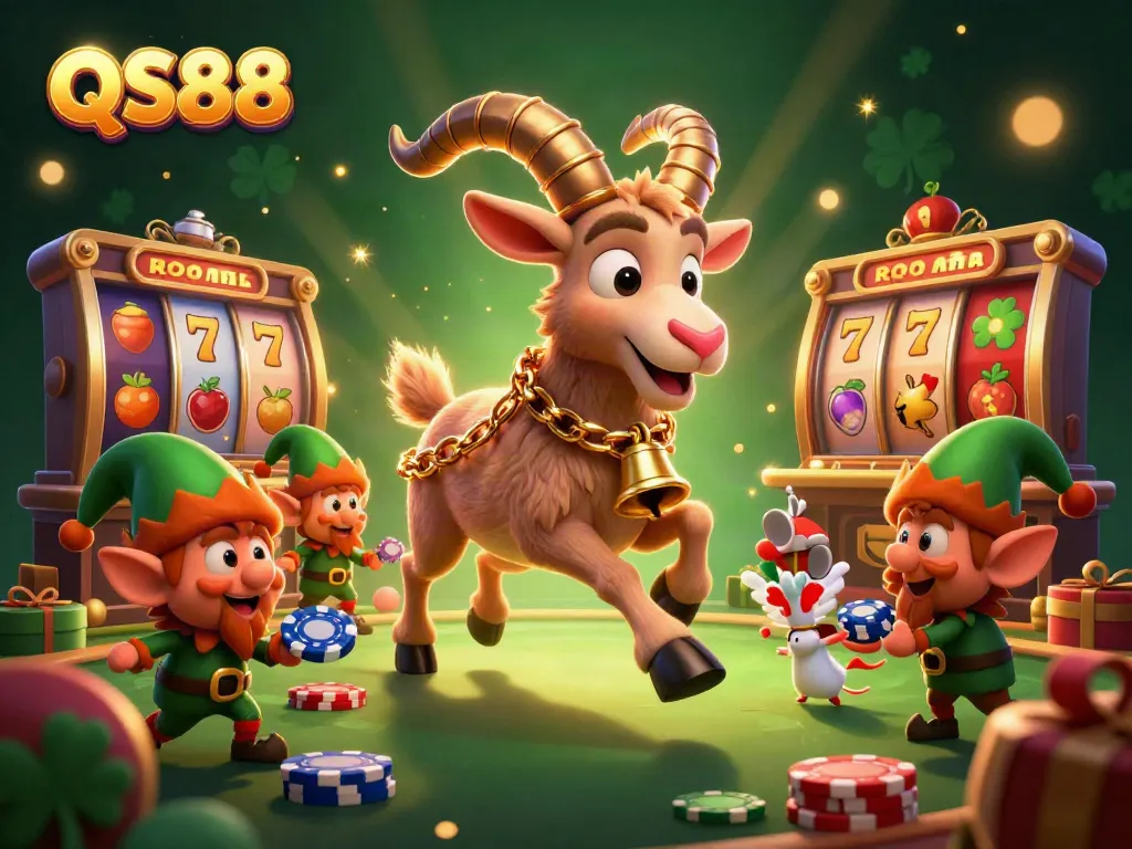 Experience the thrill of QS88 with lively casino action featuring a festive Krampus goat amidst slot games and playful characters.