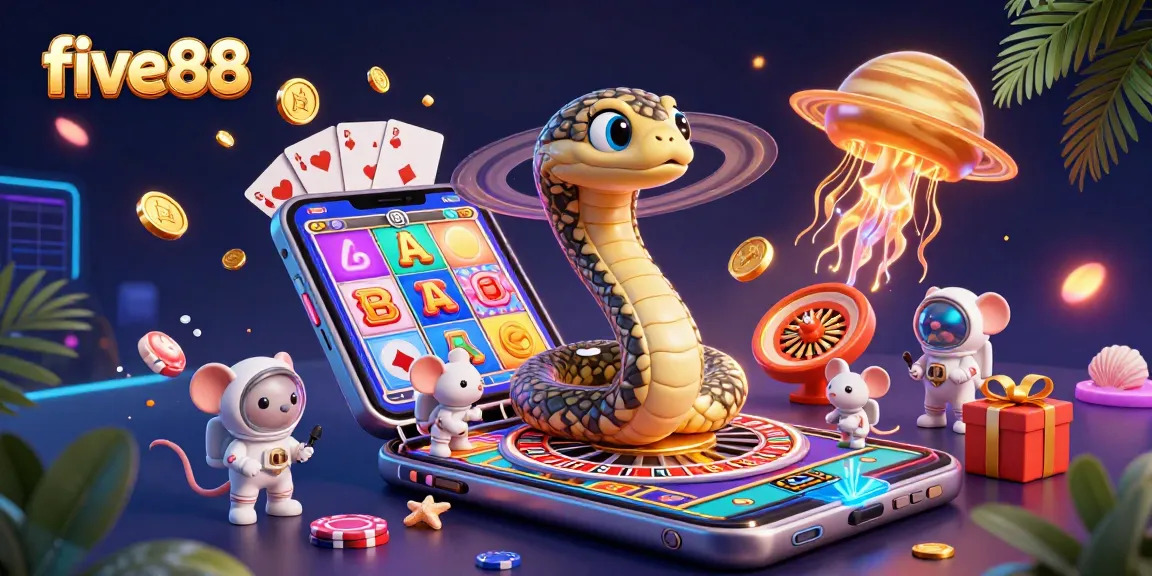 Bet on five88's vibrant cosmic casino with a snake roulette wheel, astronaut mice, and more.