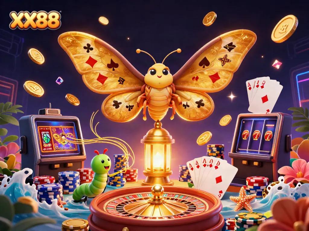 Experience the excitement of XX88 with vibrant casino elements and a majestic atlas moth illustration.