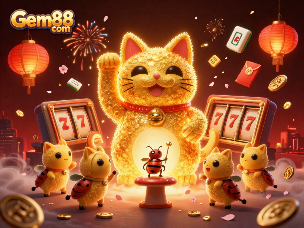 Engage with Gem88 com through an exciting 3D illustration of casino-themed elements and a lucky cat, symbolizing fortune.