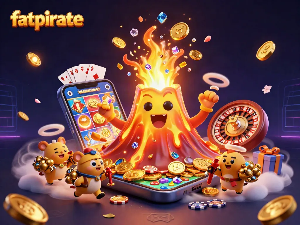 Experience the excitement of fatpirate as golden coins flow from a volcano in this vibrant casino scene.