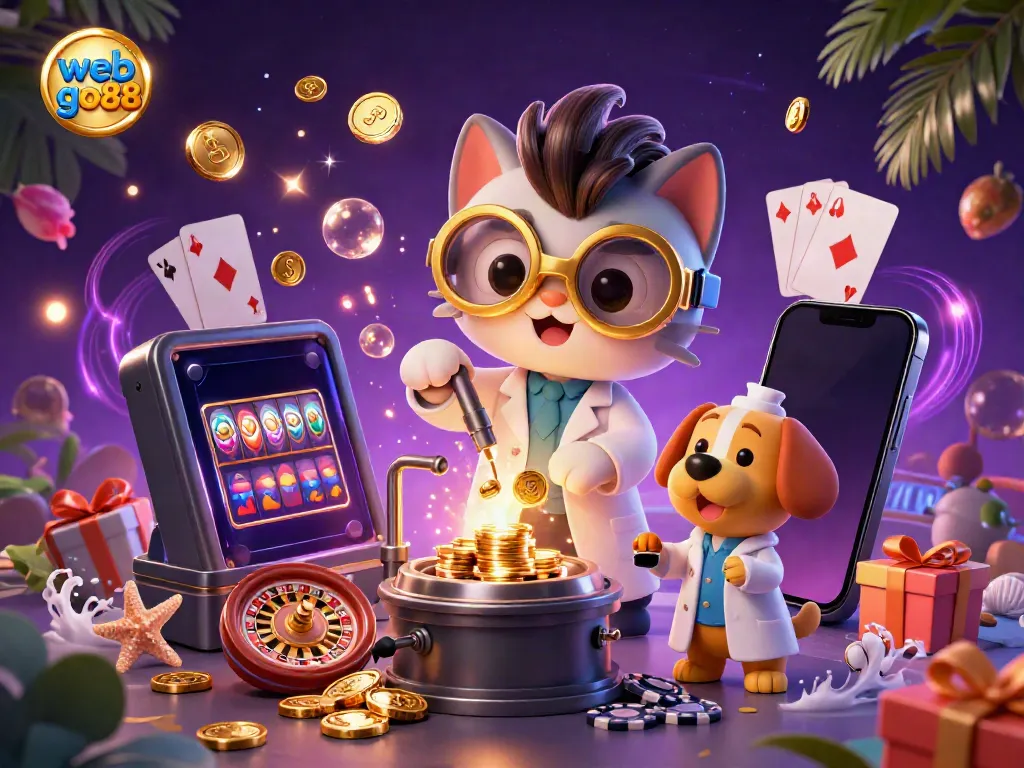 Playing the web go88 slots with a mad scientist cat and dog in a dynamic casino lab scene.