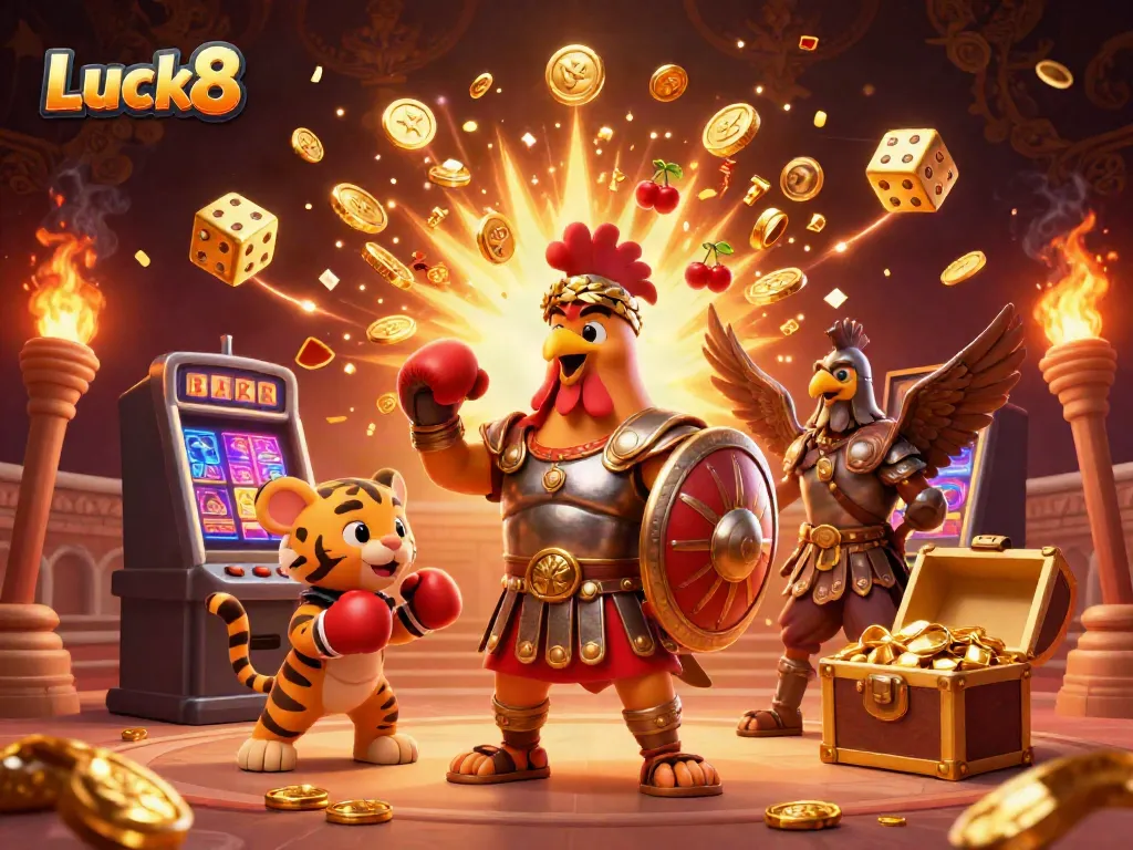 Win with exciting slots at Luck8 in this dynamic casino scene illustration.