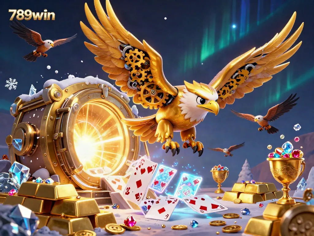 Engage in thrilling online casino adventures with 789win featuring a golden eagle and holographic cards.