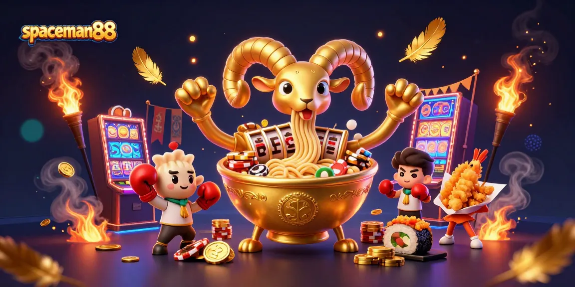 Engage in dynamic gameplay with spaceman88's vibrant slot scene featuring a golden ramen bowl dealer.