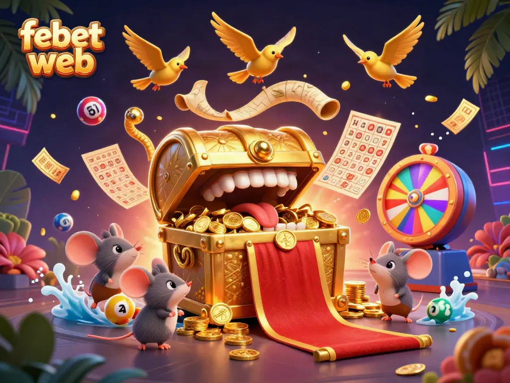Win big with thrilling games at febet web, featuring vibrant lottery balls and a treasure chest of riches.