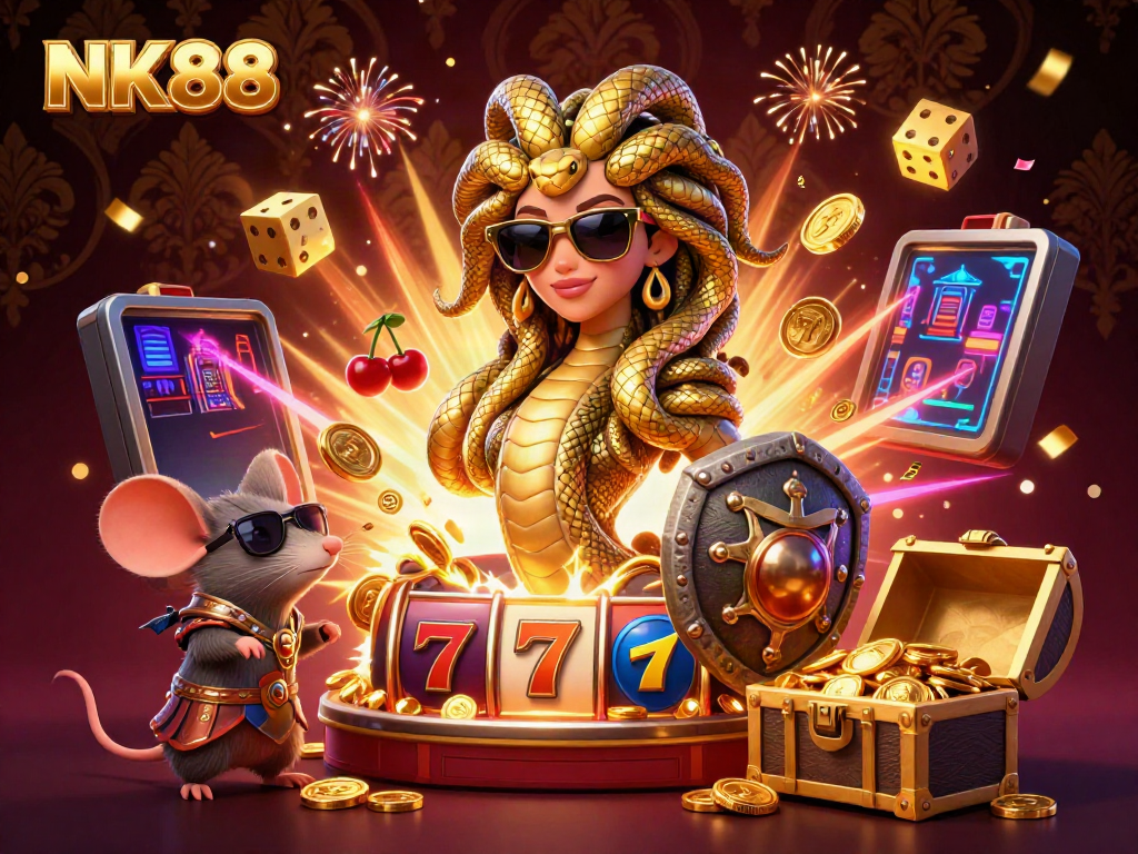 Engage with NK88's vivid world of casinos featuring Medusa and a warrior mouse amidst a jackpot explosion.
