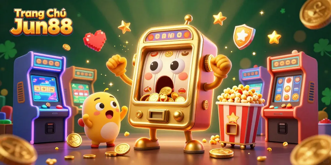 Engaging scene with Trang Chủ Jun88, featuring a gold slot machine celebrating a jackpot amidst vibrant arcade elements.