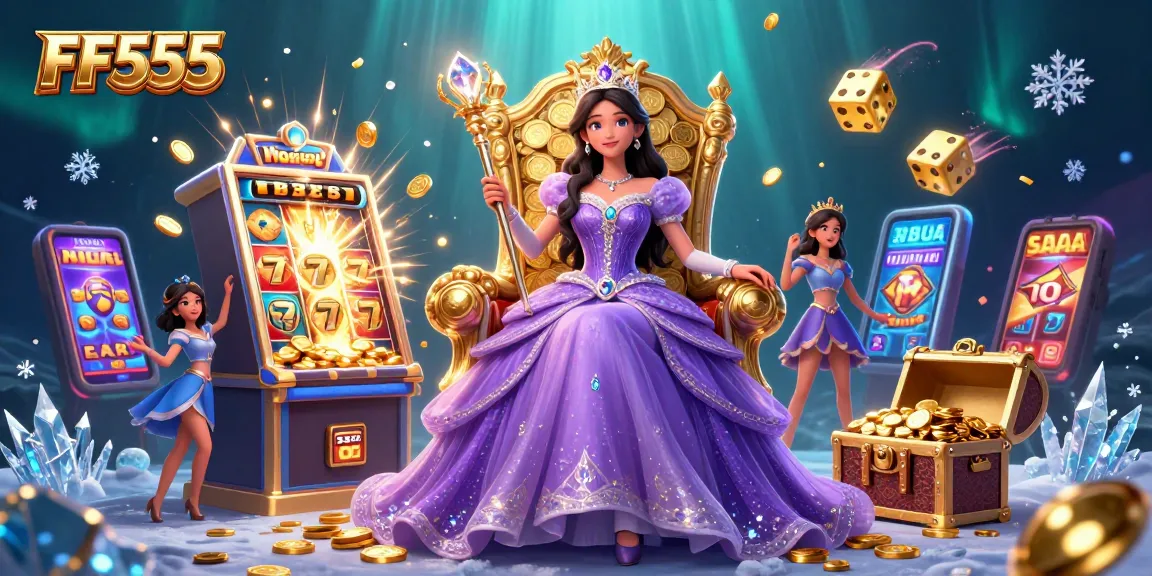 Win big with FF555 at this vibrant 3D casino scene filled with treasures and excitement.