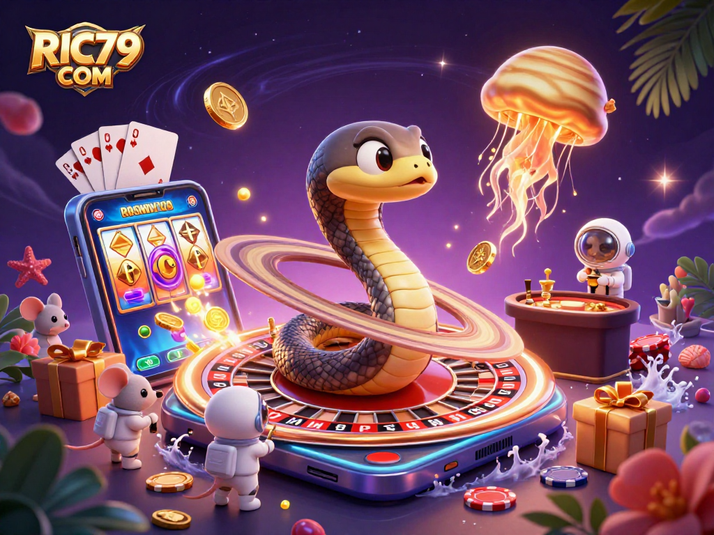 Enjoy the thrill of RIC79 COM with cosmic characters in a vibrant casino showdown.