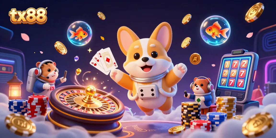 Experience tx88 with engaging casino action in a vivid 3D illustration featuring unique characters.
