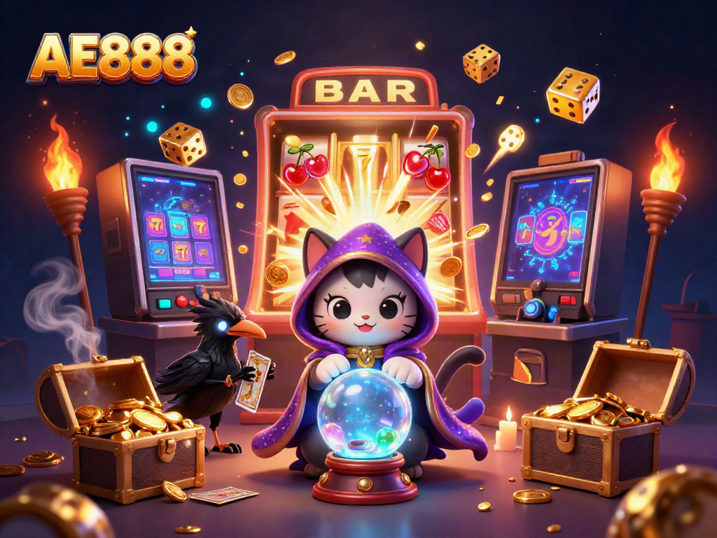 Engage with AE888, where a mystical cat, raven, and candle flames unveil a vibrant casino scene.