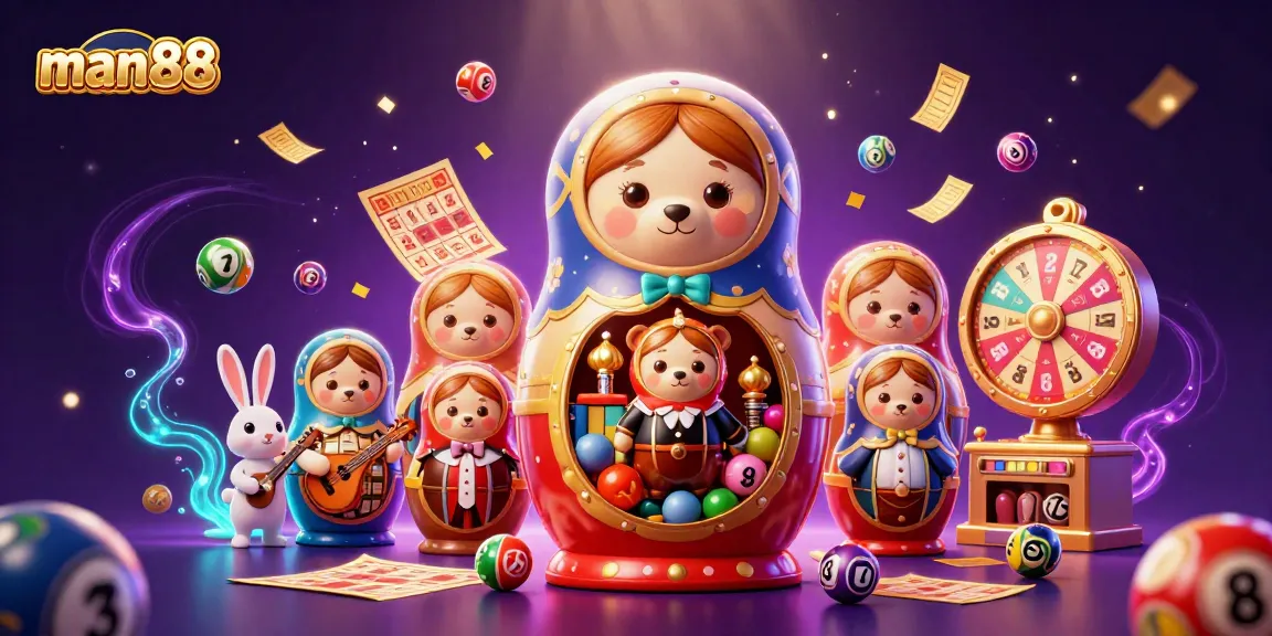 man88 showcases a vibrant lottery scene with cartoon bears, dealer outfits, and dynamic gaming elements.