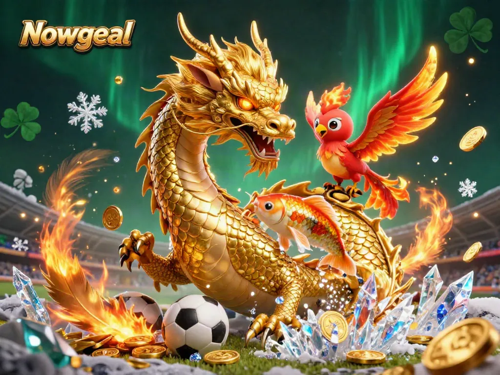 Experience thrilling sports betting with Nowgoal, featuring a dragon, phoenix, and koi amidst vibrant casino elements.