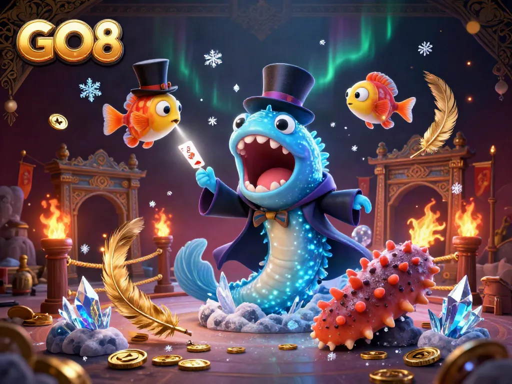 Witness GO8's enchanting showcase as a deep-sea gulper eel performs magic tricks in an underwater casino setting, dazzling with gold coins and energetic lights.