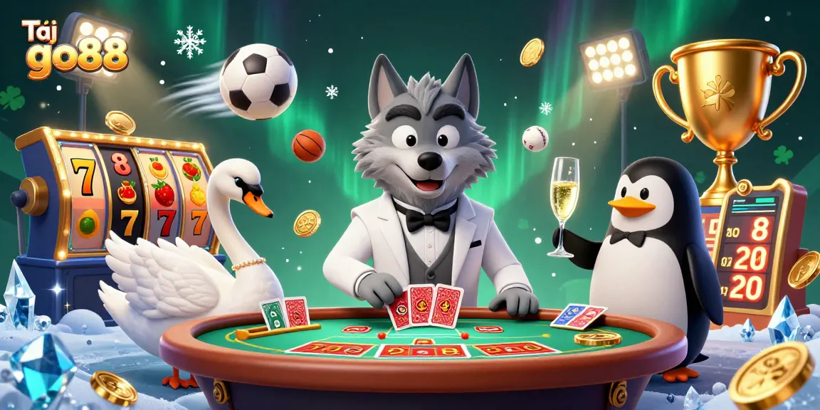Join the excitement and Tải go88 with immersive gaming illustrated by a cartoon wolf, swan, and penguin.