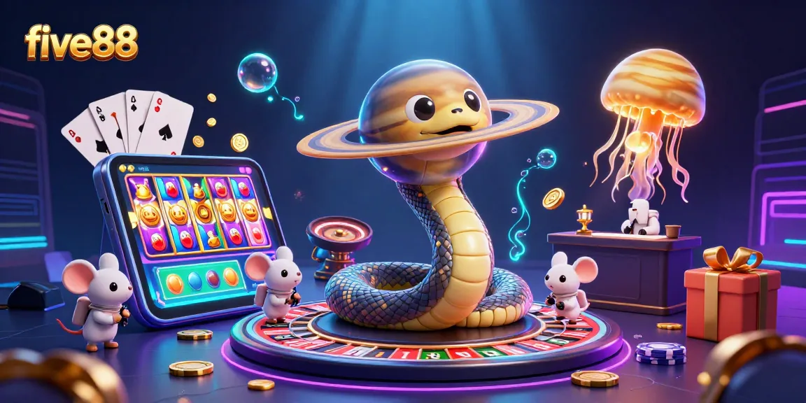 Engage in cosmic betting adventures with five88's vibrant 3D casino illustration featuring unique characters.