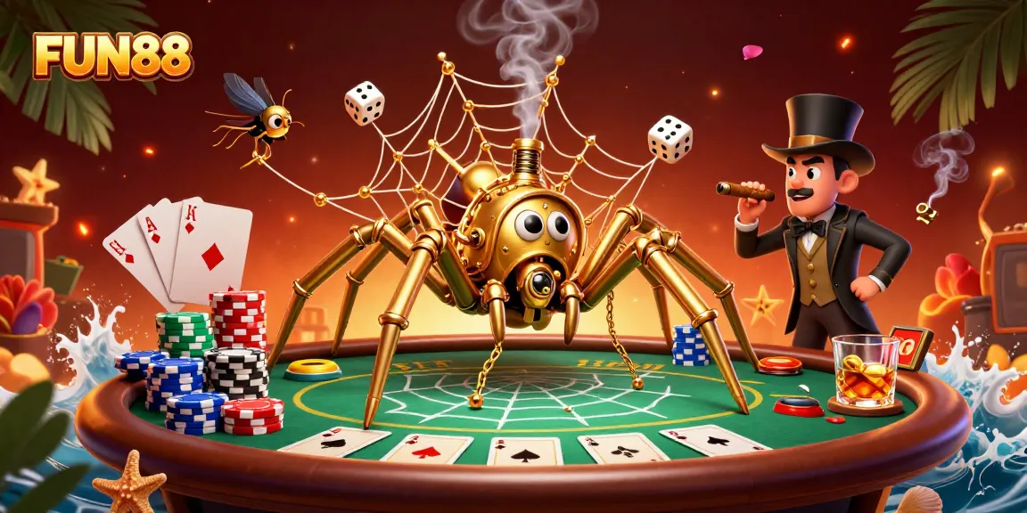 Engage with the thrilling FUN88 casino, where a golden spider weaves luck into poker games.
