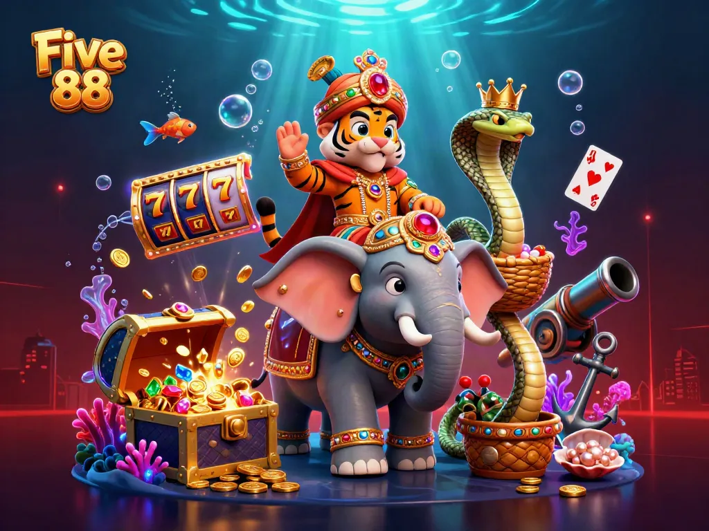 Engage in thrilling gameplay at Five 88 with lively casino elements and vibrant characters.