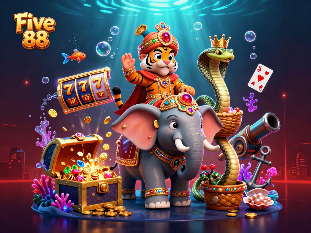 Engage in thrilling gameplay at Five 88 with lively casino elements and vibrant characters.
