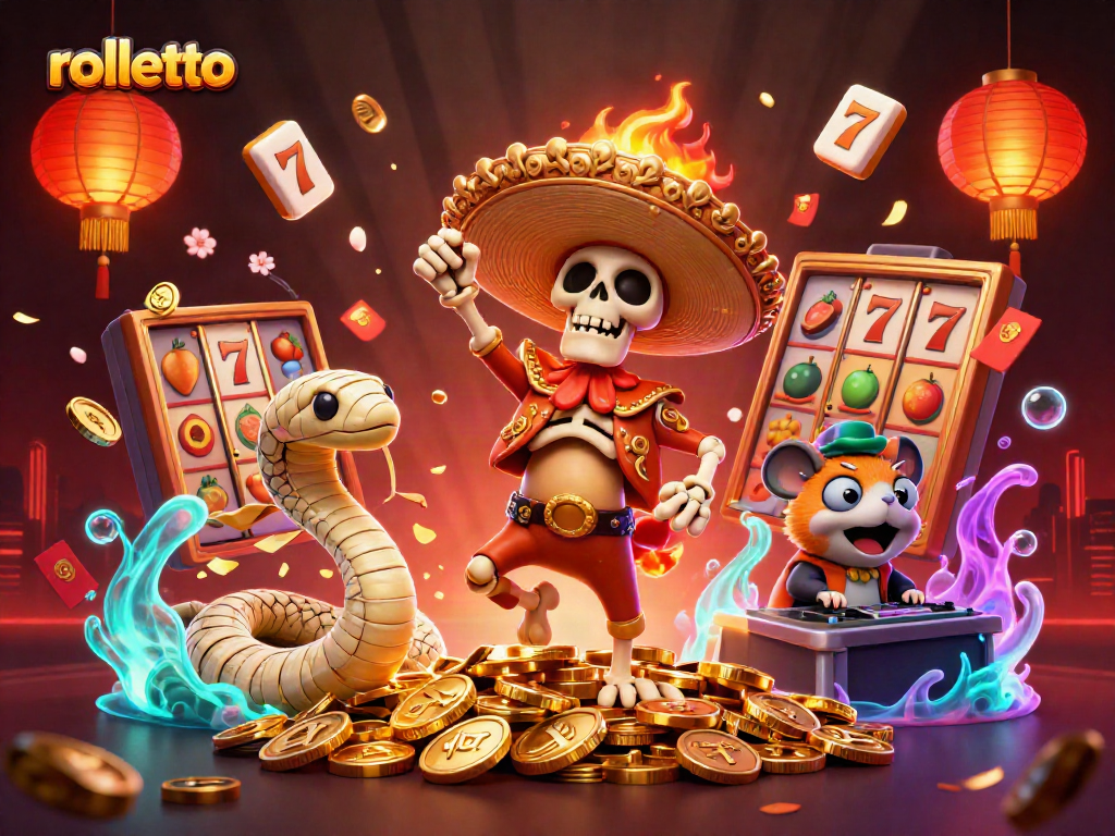 Experience rolletto's thrilling slots with vibrant game elements and engaging characters dancing on coins.