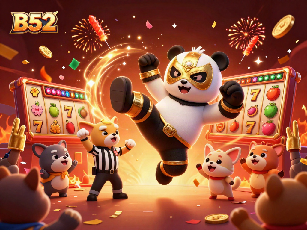 Experience the excitement of B52 with a wrestling panda and friends amidst lively casino elements.