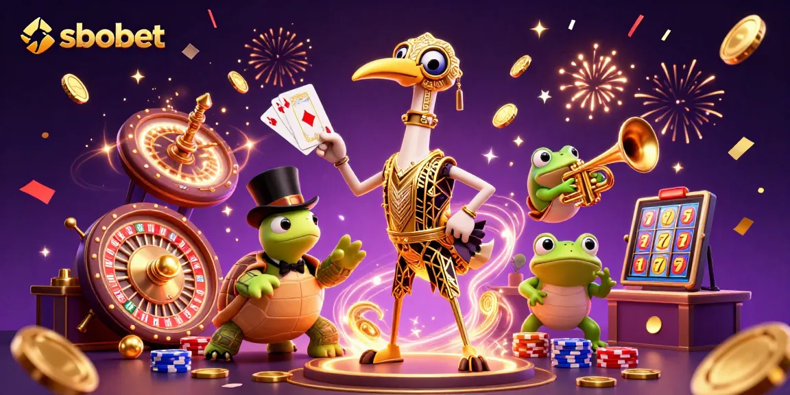 Engage in thrilling sbobet betting with a vibrant casino scene featuring fun characters and rich details.