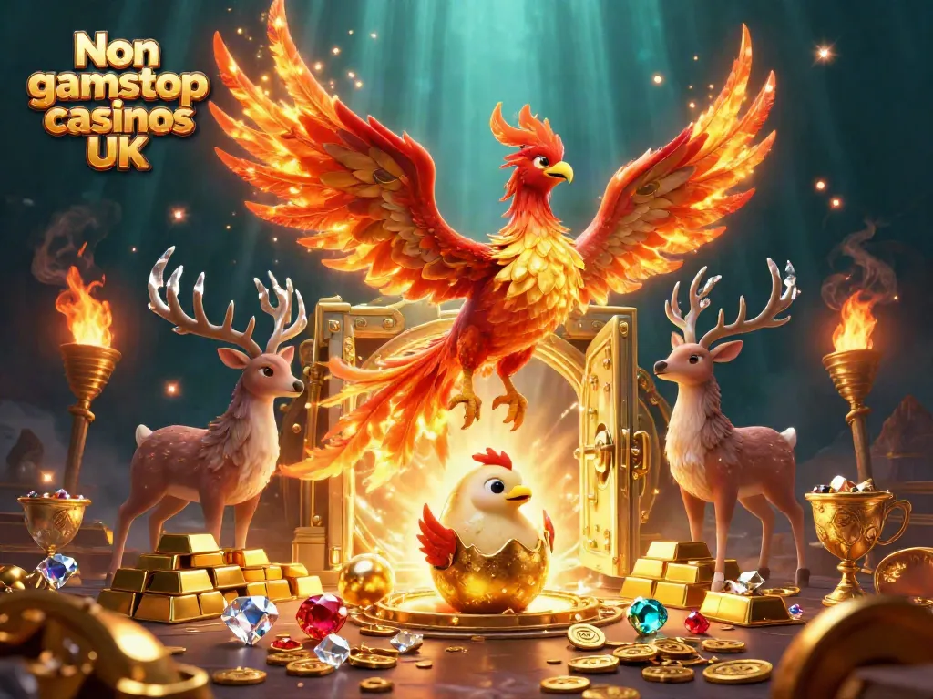Explore top Non gamstop casinos UK with engaging characters and exciting casino elements in a vibrant illustration.