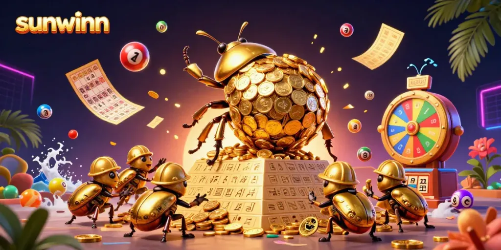 Experience the sunwinn casino thrill with colorful characters and dynamic gaming symbols in this vibrant illustration.