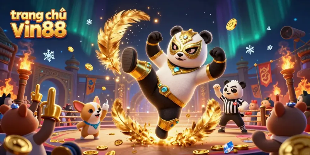 Experience excitement at trang chủ vin88 with a lively 3D scene featuring a wrestling panda and cheering animals amidst casino elements.