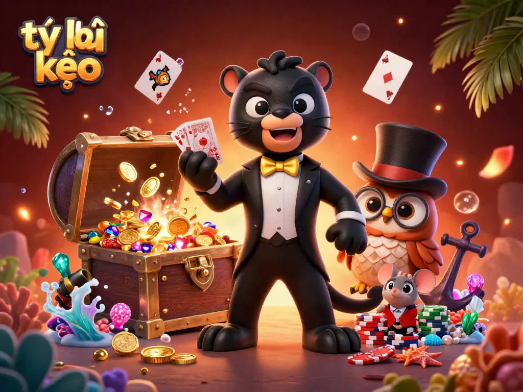 Engage with tỷ lệ kèo dynamics in this vibrant casino illustration featuring strategic card dealing and playful elements.