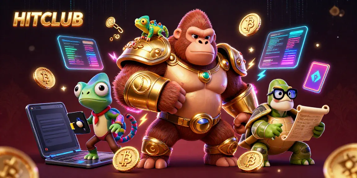 Experience thrilling gaming at HITCLUB with a vibrant 3D casino scene featuring dynamic characters and crypto elements.