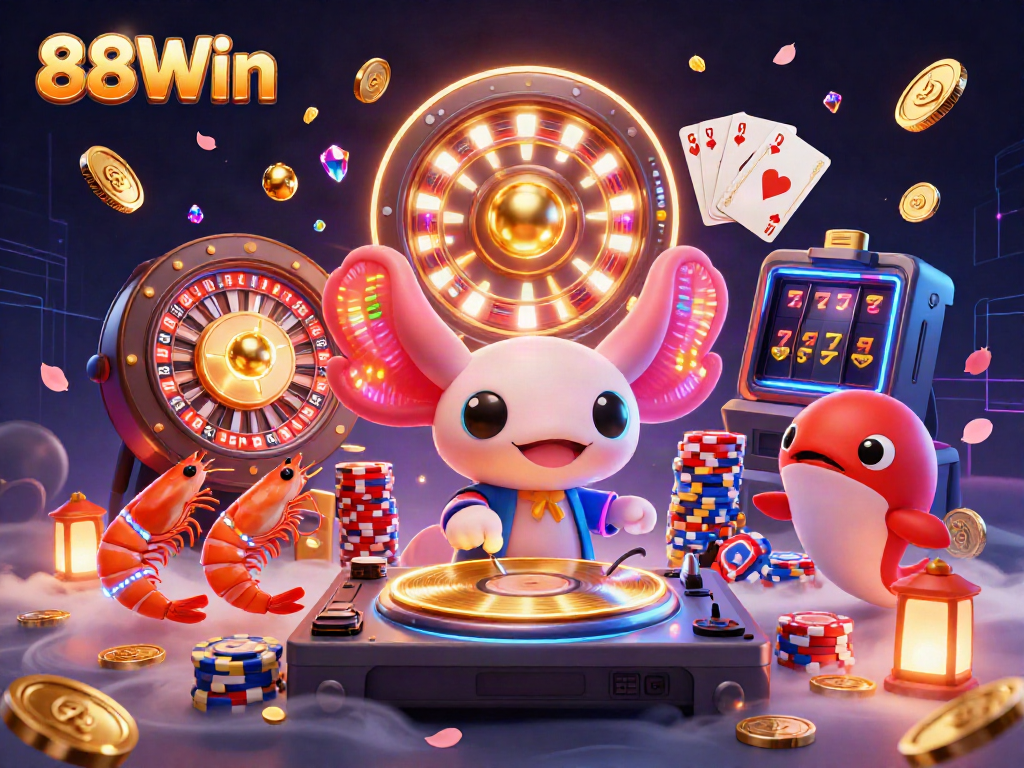 88Win players enjoy vibrant casino scene with neon axolotl DJ, golden coins, and exciting game elements.