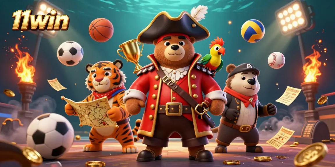 Experience exhilarating sports action with 11win's pirate bear and tiger team in a vibrant casino scene.