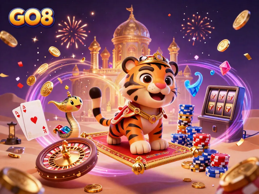Experience the magic of GO8 with a vibrant, fantasy-themed casino illustration packed with exciting elements.