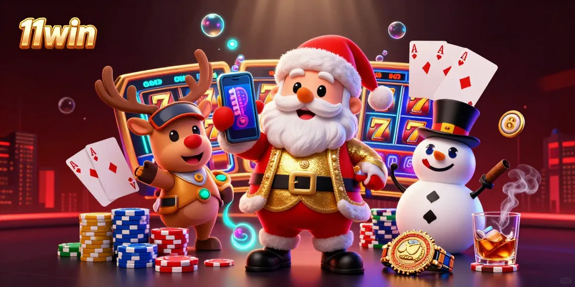Engage with 11win's vibrant casino experience featuring Santa, reindeer, and poker elements.