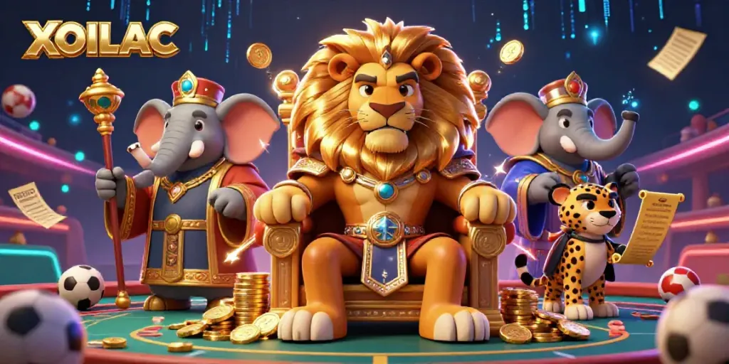 Engage in thrilling sports betting with XOILAC's dynamic 3D illustration of a lion king, elephant advisor, and cheetah messenger amidst vibrant game elements.